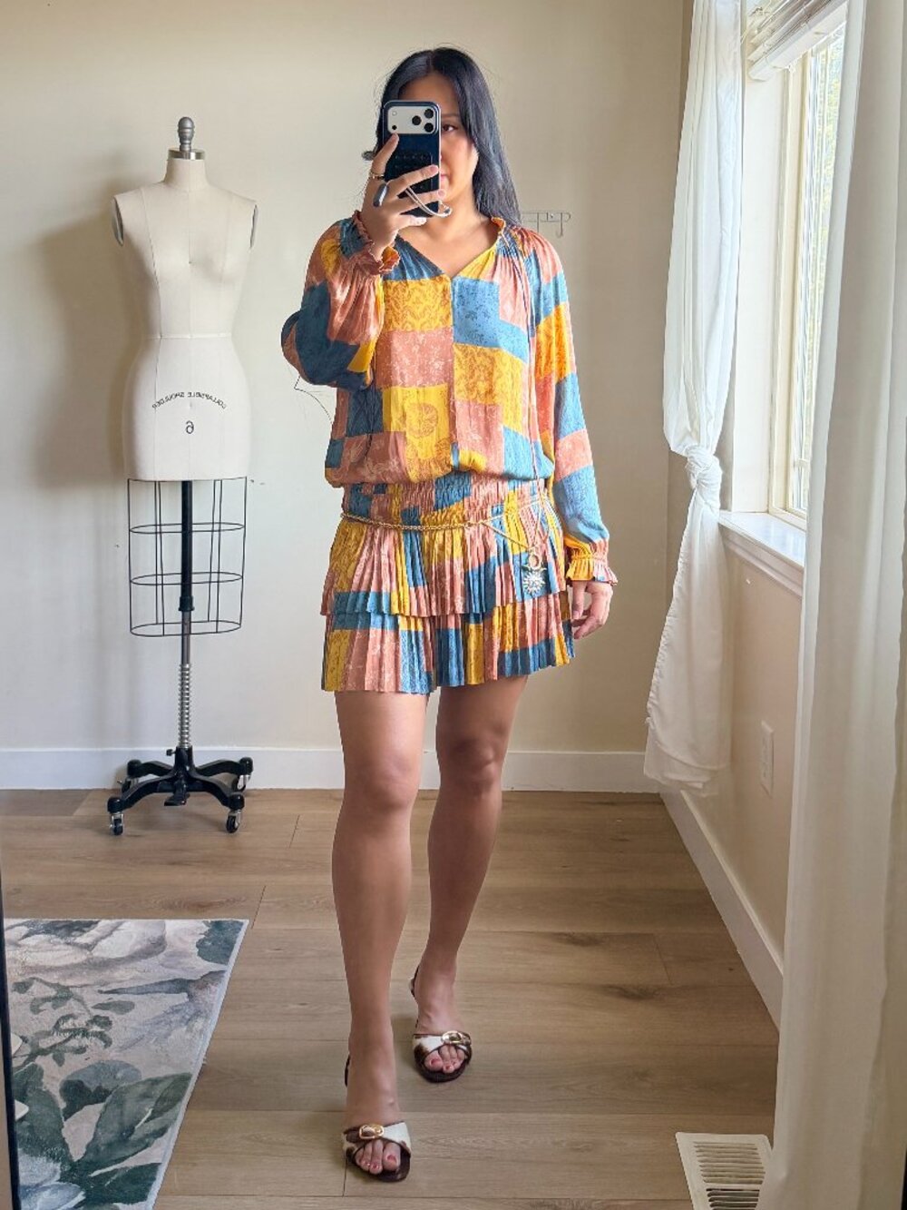 Current Air Boho Dress | Yellow Blue Patchwork | Long Sleeve Tiered Mini |M